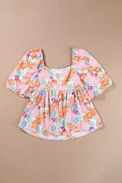 Hot Dear-Lover Floral Puff Sleeve Square Neck Babydoll Blouse Pink