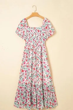 Outlet Dear-Lover Floral Puff Sleeve Square Neck Empire Waist Tiered Maxi Dress Pink