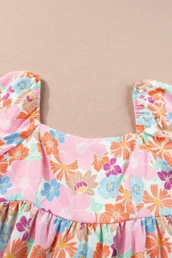 Hot Dear-Lover Floral Puff Sleeve Square Neck Babydoll Blouse Pink