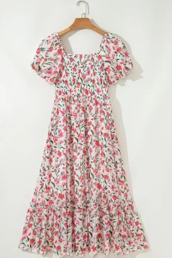 Outlet Dear-Lover Floral Puff Sleeve Square Neck Empire Waist Tiered Maxi Dress Pink