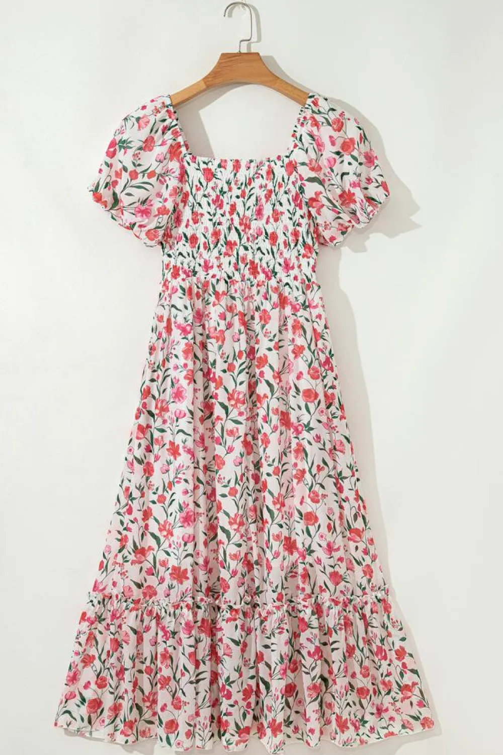 Outlet Dear-Lover Floral Puff Sleeve Square Neck Empire Waist Tiered Maxi Dress Pink