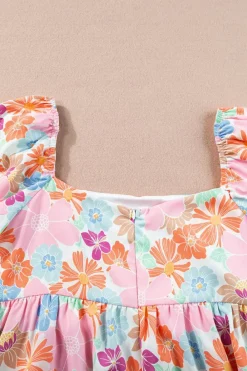 Hot Dear-Lover Floral Puff Sleeve Square Neck Babydoll Blouse Pink
