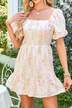 Fashion Dear-Lover Floral Puff Sleeve Square Neck Knotted Open Back Ruffled Mini Dress Pink