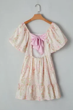 Fashion Dear-Lover Floral Puff Sleeve Square Neck Knotted Open Back Ruffled Mini Dress Pink