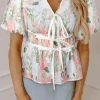 Fashion Dear-Lover Floral Puff Sleeve V Neck Tied Front Peplum Blouse Pink