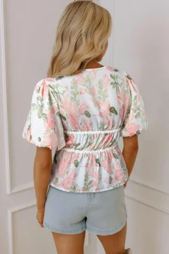 Fashion Dear-Lover Floral Puff Sleeve V Neck Tied Front Peplum Blouse Pink