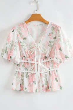 Fashion Dear-Lover Floral Puff Sleeve V Neck Tied Front Peplum Blouse Pink