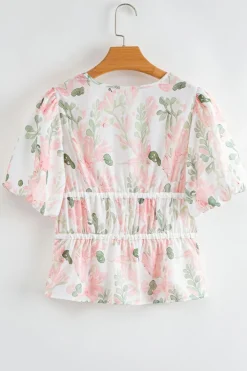 Fashion Dear-Lover Floral Puff Sleeve V Neck Tied Front Peplum Blouse Pink