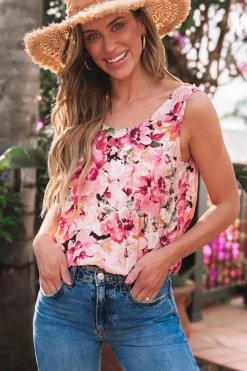 Fashion Dear-Lover Floral Round Neck Twisted Cut Out Back Tank Top Pink