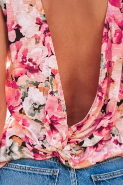 Fashion Dear-Lover Floral Round Neck Twisted Cut Out Back Tank Top Pink