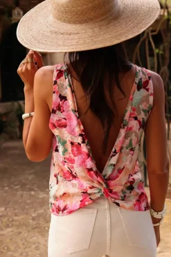 Fashion Dear-Lover Floral Round Neck Twisted Cut Out Back Tank Top Pink