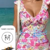 Fashion Dear-Lover Floral Ruffle Trim V Neck Lace-up Back Tummy Control One Piece Swimsuit Pink