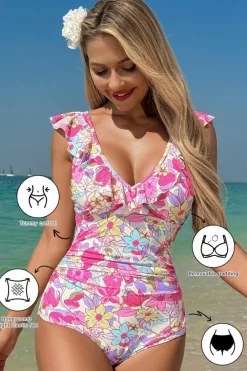 Fashion Dear-Lover Floral Ruffle Trim V Neck Lace-up Back Tummy Control One Piece Swimsuit Pink