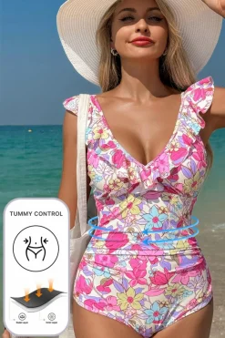 Fashion Dear-Lover Floral Ruffle Trim V Neck Lace-up Back Tummy Control One Piece Swimsuit Pink