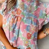 Online Dear-Lover Floral Ruffled Flutter Sleeve Pleated Blouse Pink