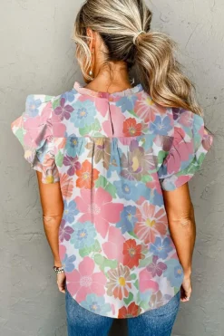 Online Dear-Lover Floral Ruffled Flutter Sleeve Pleated Blouse Pink