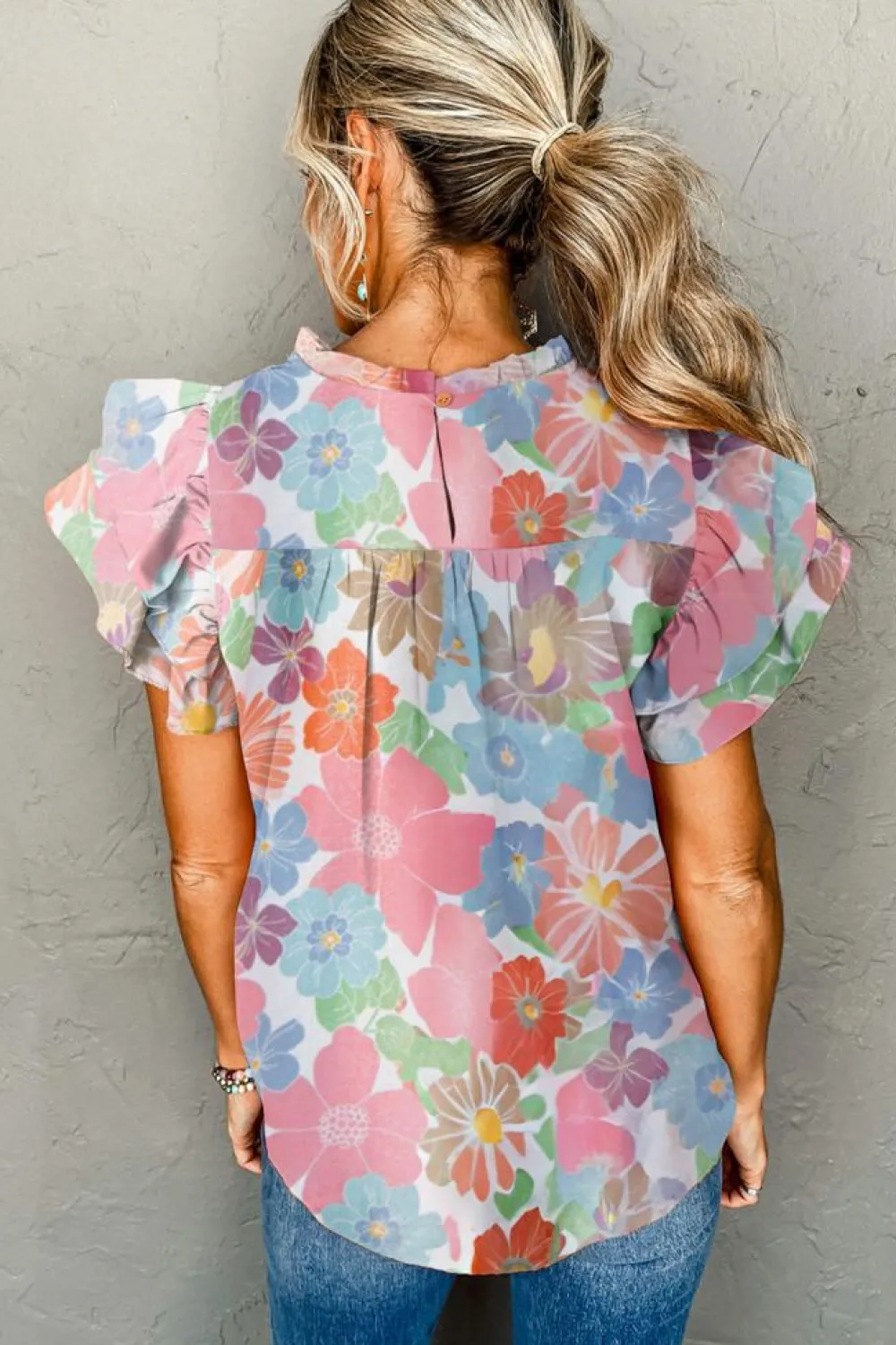 Online Dear-Lover Floral Ruffled Flutter Sleeve Pleated Blouse Pink