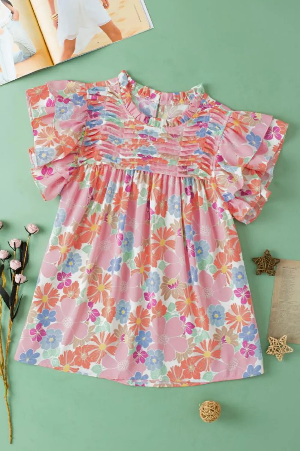 Online Dear-Lover Floral Ruffled Flutter Sleeve Pleated Blouse Pink