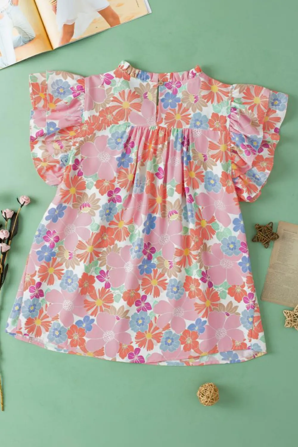 Online Dear-Lover Floral Ruffled Flutter Sleeve Pleated Blouse Pink