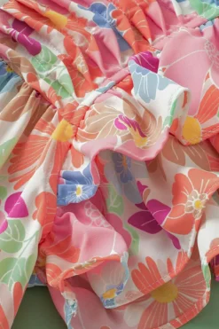 Online Dear-Lover Floral Ruffled Flutter Sleeve Pleated Blouse Pink