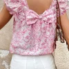 New Dear-Lover Floral Ruffled Short Sleeve Bow Back Square Neck Blouse Pink