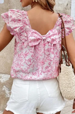 New Dear-Lover Floral Ruffled Short Sleeve Bow Back Square Neck Blouse Pink