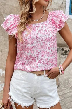 New Dear-Lover Floral Ruffled Short Sleeve Bow Back Square Neck Blouse Pink