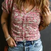 Best Dear-Lover Floral Short Puff Sleeve V Neck Ruched Blouse Pink