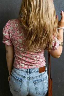 Best Dear-Lover Floral Short Puff Sleeve V Neck Ruched Blouse Pink