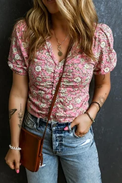 Best Dear-Lover Floral Short Puff Sleeve V Neck Ruched Blouse Pink