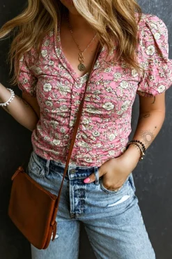 Best Dear-Lover Floral Short Puff Sleeve V Neck Ruched Blouse Pink