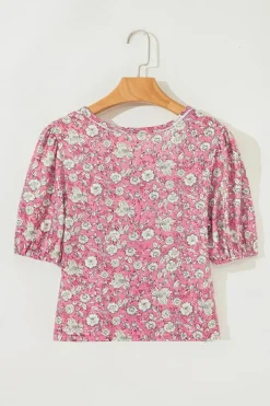 Best Dear-Lover Floral Short Puff Sleeve V Neck Ruched Blouse Pink