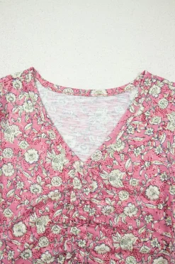Best Dear-Lover Floral Short Puff Sleeve V Neck Ruched Blouse Pink
