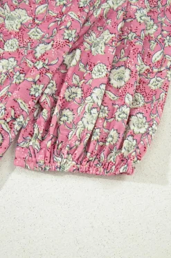 Best Dear-Lover Floral Short Puff Sleeve V Neck Ruched Blouse Pink