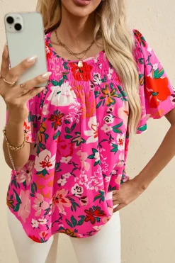 Best Dear-Lover Floral Short Sleeve Smocked Blouse Pink