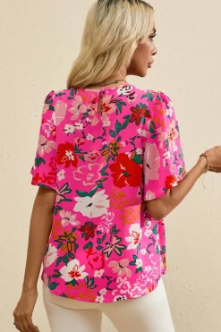 Best Dear-Lover Floral Short Sleeve Smocked Blouse Pink