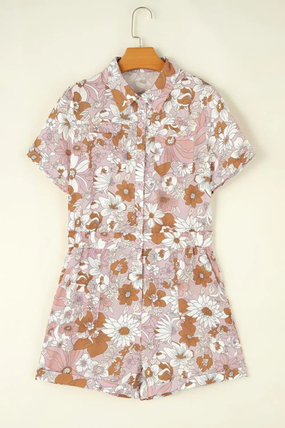 Hot Dear-Lover Floral Short Sleeve Collared Button Front Romper Pink