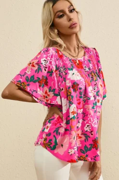 Best Dear-Lover Floral Short Sleeve Smocked Blouse Pink