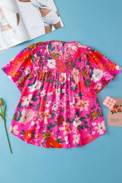 Best Dear-Lover Floral Short Sleeve Smocked Blouse Pink