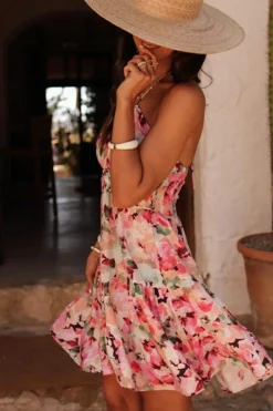 Online Dear-Lover Floral Sleeveless Halter Neck Shirred Back Ruffled Mini Dress Pink