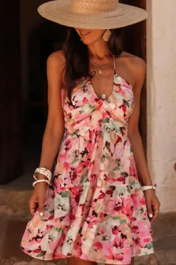 Online Dear-Lover Floral Sleeveless Halter Neck Shirred Back Ruffled Mini Dress Pink