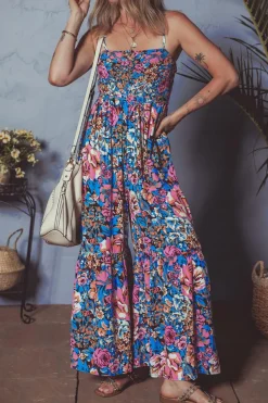 Hot Dear-Lover Floral Smocked Bust Spaghetti Straps Wide Leg Jumpsuit Pink