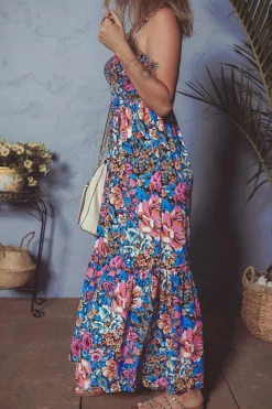 Hot Dear-Lover Floral Smocked Bust Spaghetti Straps Wide Leg Jumpsuit Pink