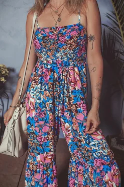 Hot Dear-Lover Floral Smocked Bust Spaghetti Straps Wide Leg Jumpsuit Pink
