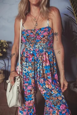 Hot Dear-Lover Floral Smocked Bust Spaghetti Straps Wide Leg Jumpsuit Pink