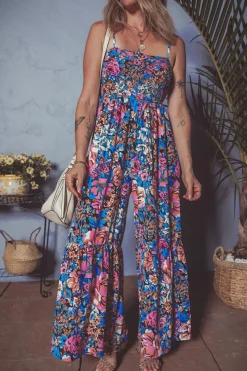 Hot Dear-Lover Floral Smocked Bust Spaghetti Straps Wide Leg Jumpsuit Pink