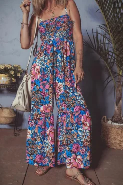 Hot Dear-Lover Floral Smocked Bust Spaghetti Straps Wide Leg Jumpsuit Pink