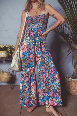 Hot Dear-Lover Floral Smocked Bust Spaghetti Straps Wide Leg Jumpsuit Pink
