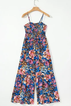 Hot Dear-Lover Floral Smocked Bust Spaghetti Straps Wide Leg Jumpsuit Pink
