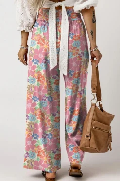 Fashion Dear-Lover Floral Smocked Waist Loose Pants Pink